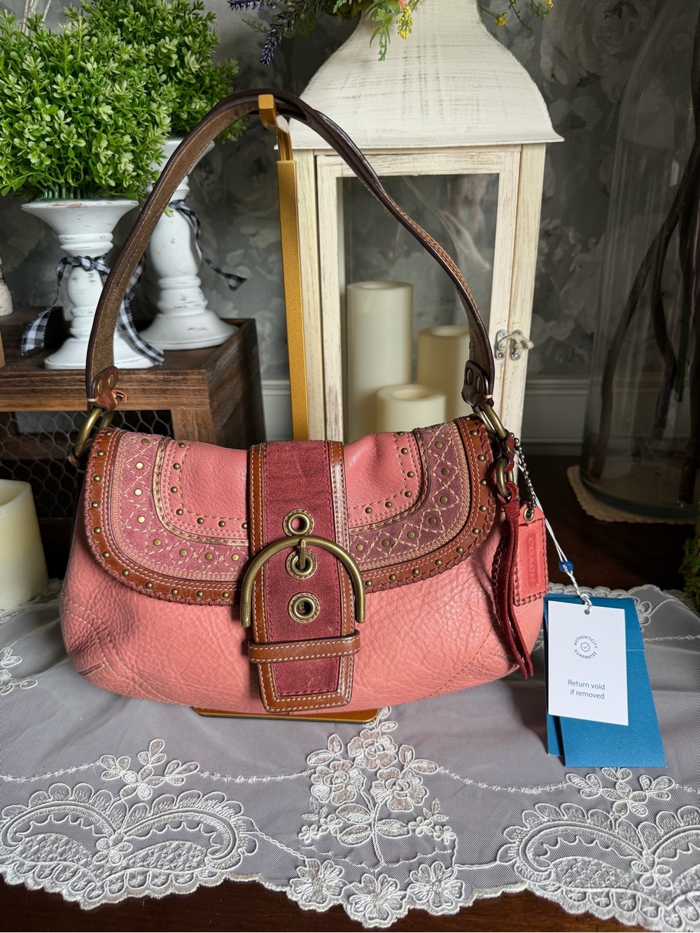 Y2K Vintage Coach Coral Pink Studded Soho Leather Shoulder Bag Purse
